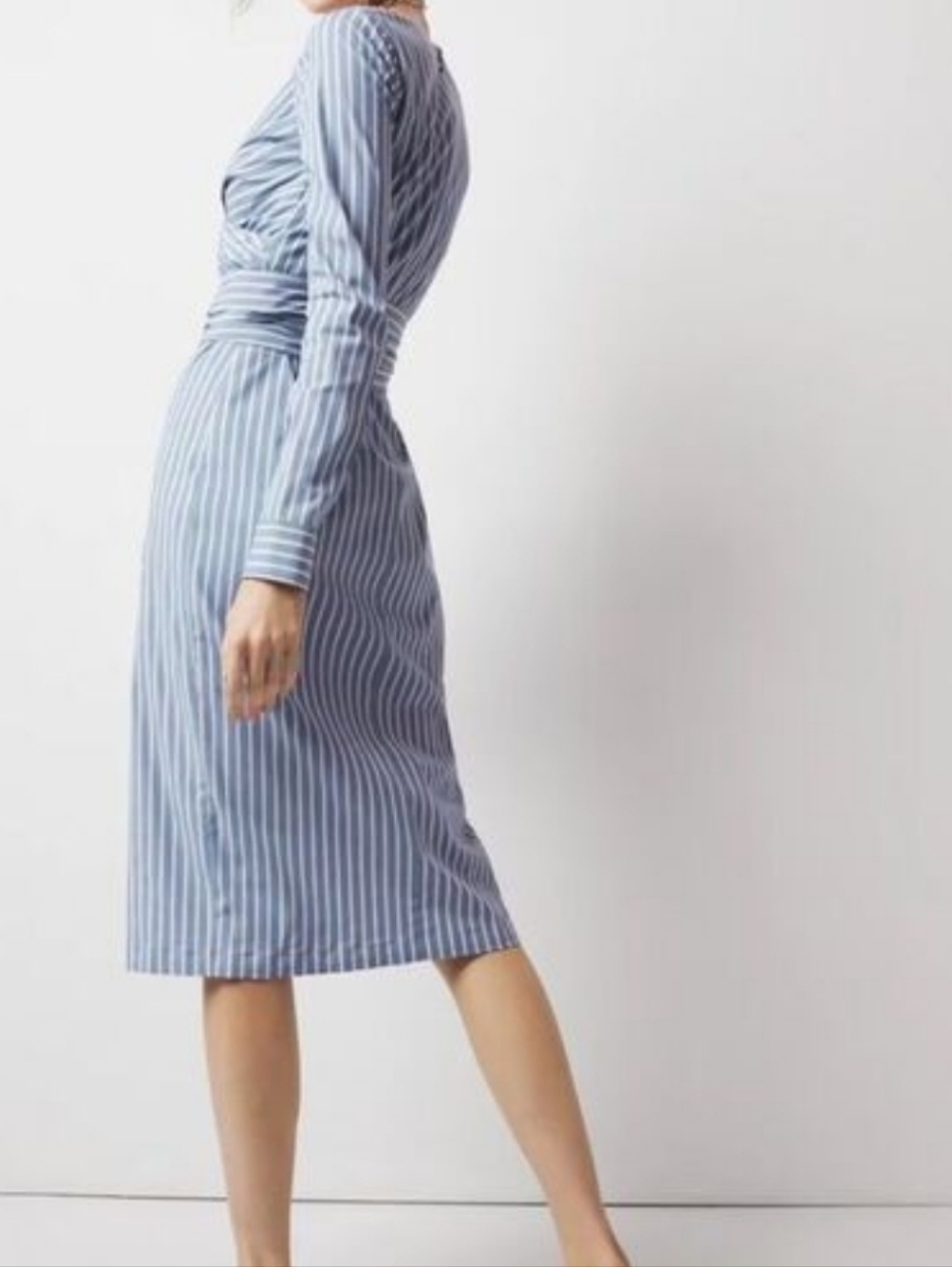 WHBM Poplin Striped Wrap Midi Shirt Dress in Light Blue and White NWOT - Picture 3 of 15